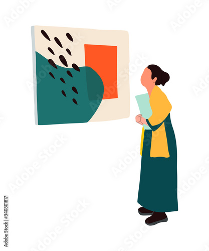 Vector Museum of contemoarary art in flat cartoon style. Exhibition visitors viewing modern abstract paintings. Woman, couples, man with disability looking creative artworks or exhibits art gallery.