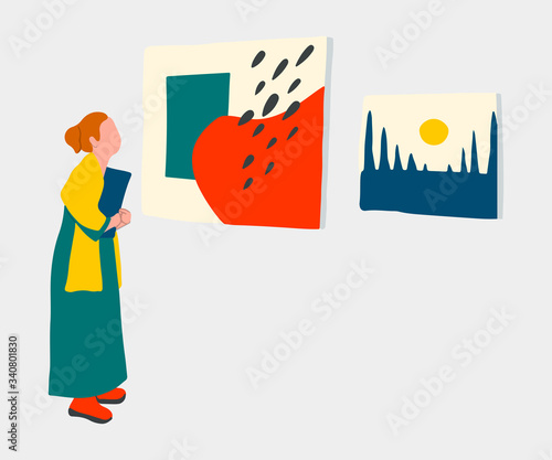 Vector Museum of contemoarary art in flat cartoon style. Exhibition visitors viewing modern abstract paintings. Woman, couples, man with disability looking creative artworks or exhibits art gallery.