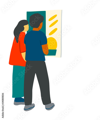Vector Museum of contemoarary art in flat cartoon style. Exhibition visitors viewing modern abstract paintings. Woman, couples, man with disability looking creative artworks or exhibits art gallery.