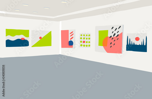 Vector Museum of contemporary art in flat cartoon style. Exhibition modern abstract paintings without people. Creative artworks or exhibits art gallery.