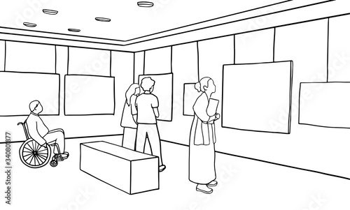 Vector Museum of contemoarary art in outline style. Exhibition visitors viewing modern abstract paintings. Woman, couples, man with disability looking creative artworks or exhibits art gallery.