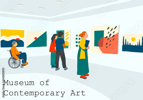 Vector Museum of contemoarary art in flat cartoon style. Exhibition visitors viewing modern abstract paintings. Woman, couples, man with disability looking creative artworks or exhibits art gallery.