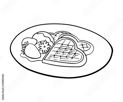 Hand drawn waffle on plate ink sketch. Doodle icon dessert. Outline menu element. Vector waffle heart shape illustration