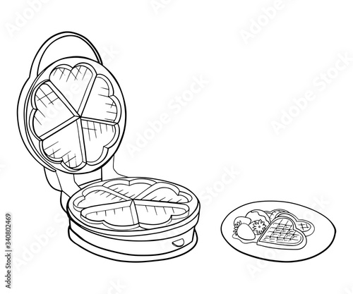 Hand drawn waffle iron ink sketch. Doodle icon kitchenware. Outline element. Vector waffle heart shape illustration