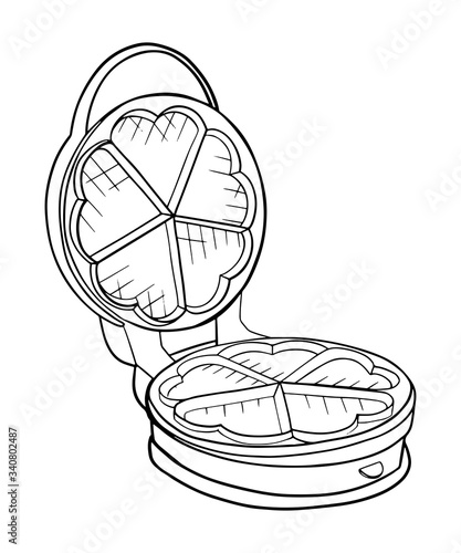 Hand drawn waffle iron ink sketch. Doodle icon kitchenware. Outline element. Vector waffle heart shape illustration