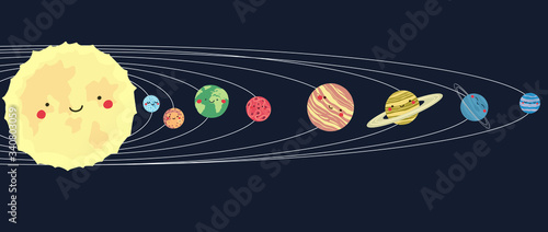 Vector hand drawn illustrations of the planets of the Solar System in flat style. Cartoon childish The Solar System. Cute, adorable the sun, earth,mercury,venus,saturn, neptune, mars, jupiter, uranus