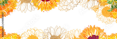 Vector panorama with watercolor sunflowers on a white background and copy space