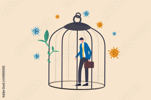 Coronavirus COVID-19 lockdown impact business, economy and employment, self quarantine in Coronavirus crisis concept, sad businessman depress standing in cage with virus pathogen.