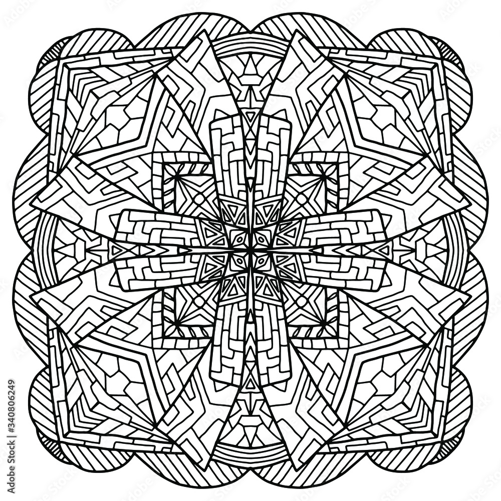 mandala with ornaments of geometric figures drawn on a white background, vector for coloring
