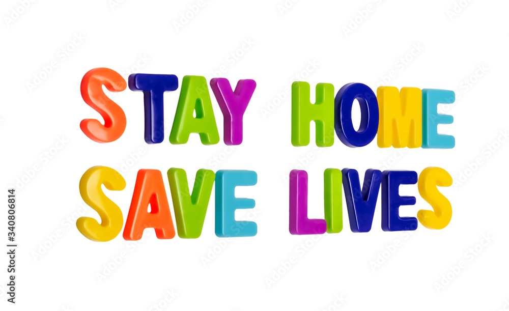 Text STAY HOME SAVE LIVES on a white background.