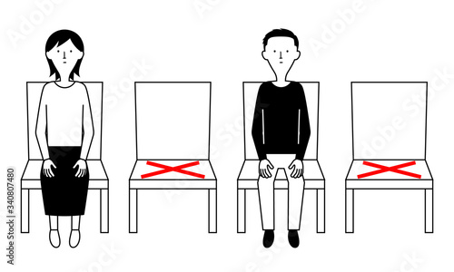 Illustration of people keeping social distance to prevent the spread of infectious diseases (monochrome)