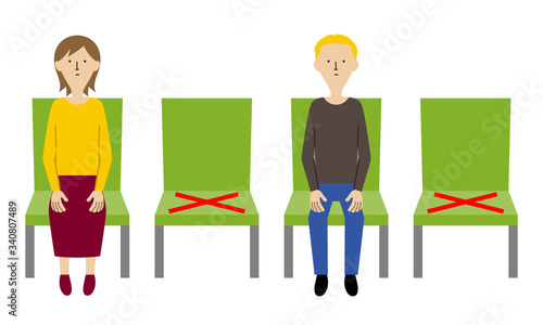 Illustration of people keeping social distance to prevent the spread of infectious diseases (color)