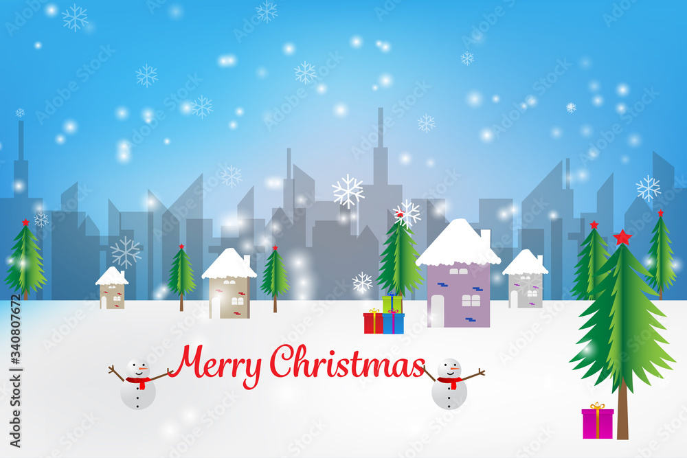 Winter city with snowman. Snow covered metropolis with skyscrapers. Vector illustration