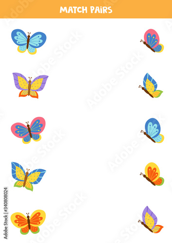 Match pairs of cute flying butterflies. Educational worksheet for kids.