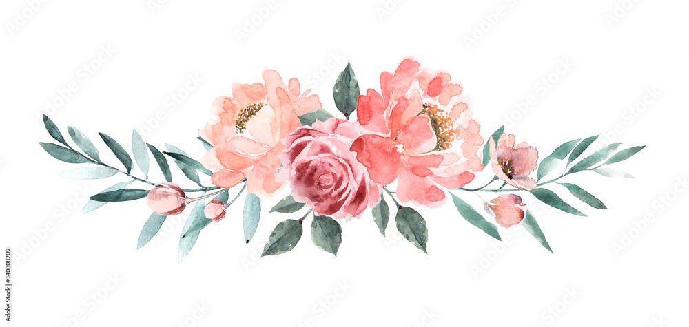 Arrangement of flowers and leaves. Tropics peach blossom bouquet. Watercolor flowers background.