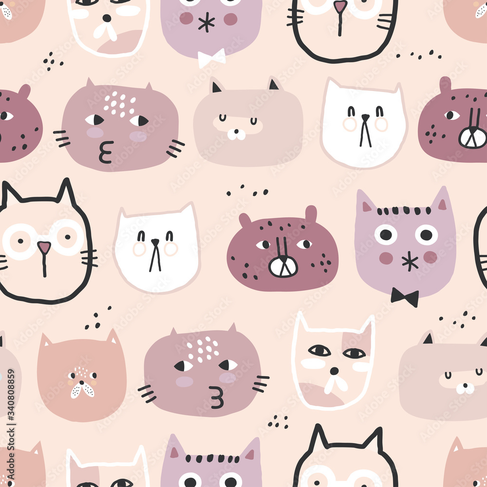 Cute seamless pattern with funny cats. Creative childish texture for fabric, wrapping, textile, wallpaper, apparel. Vector illustration. Pink background.
