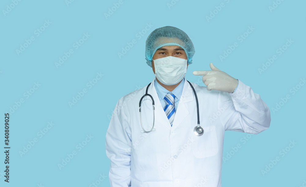 The doctor wears a protective mask The doctor wears a protective mask