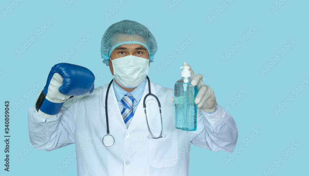 The doctor wears a protective mask The doctor wears a protective mask