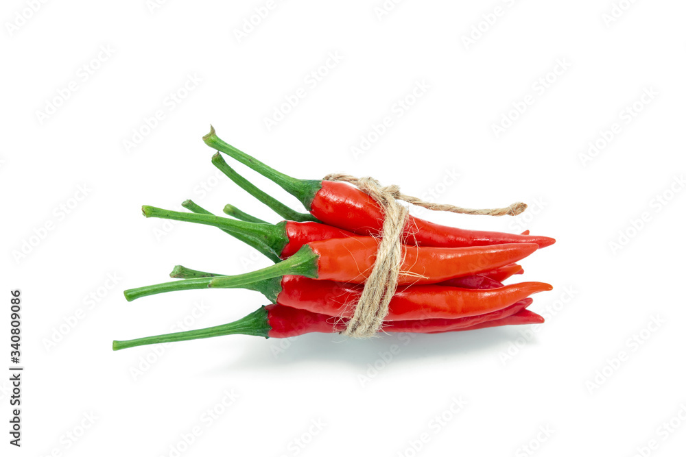 bunch of red hot chilli pepper on white background