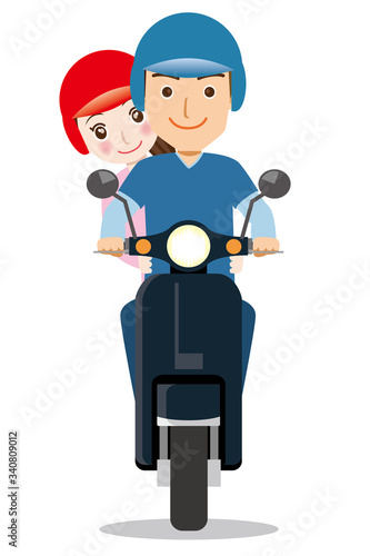 スクーターを運転する男性と後ろの席の女性のイラスト｜ドライブツーリング、デート｜ベクターデータ