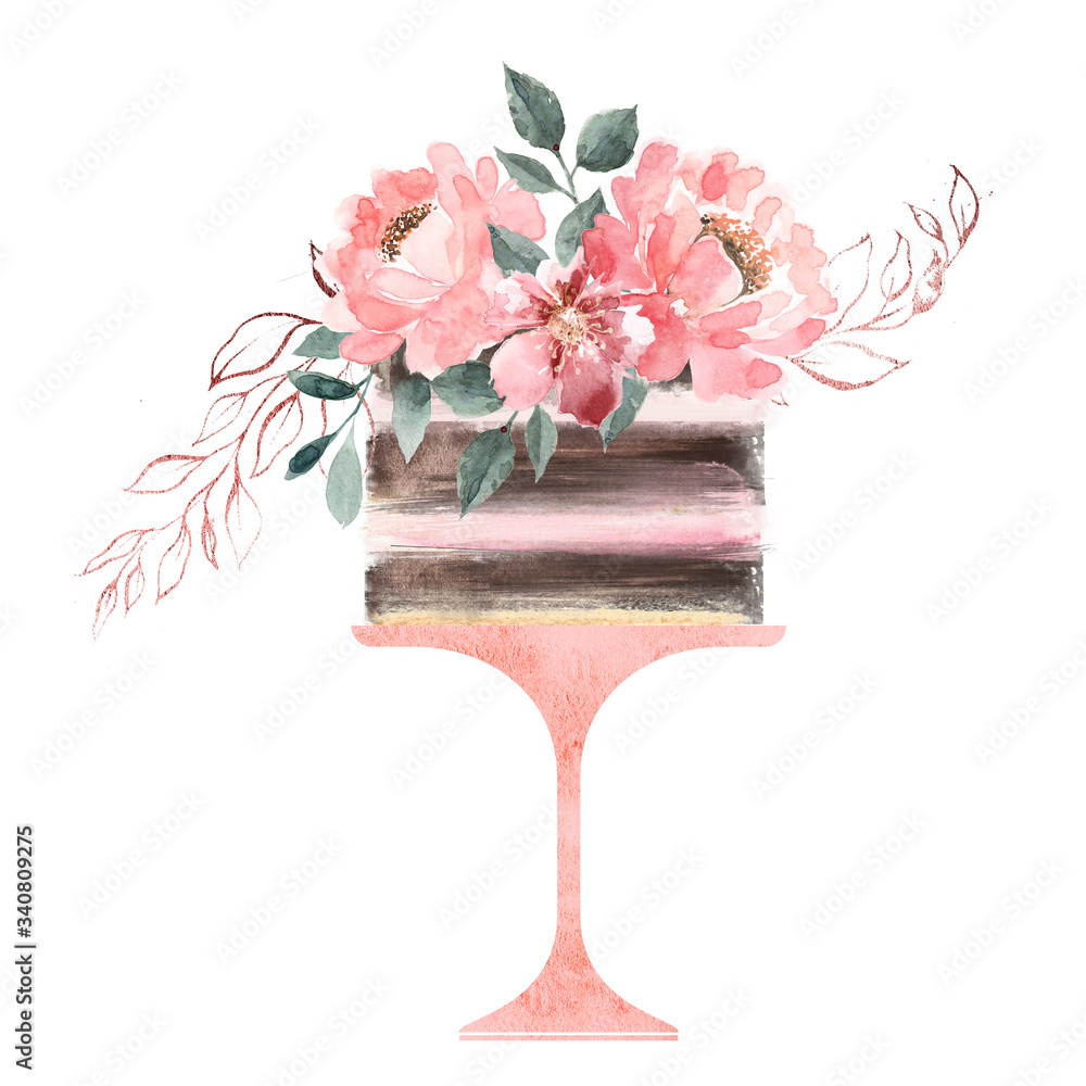 Watercolor cake logo decorated with flowers and leaves