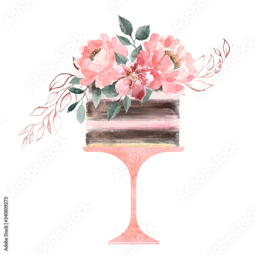 Watercolor cake logo decorated with flowers and leaves