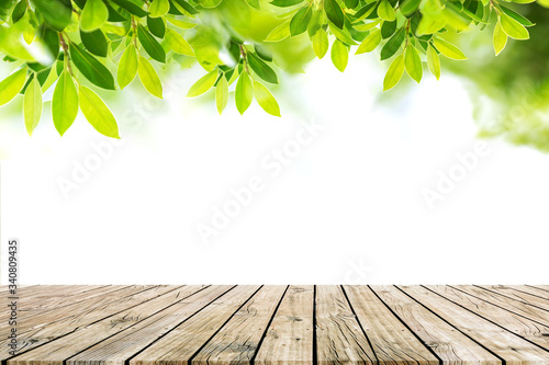 wood floor with green nature background