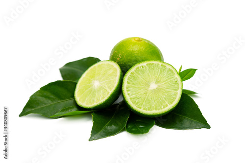 lime slice and leaves on white background