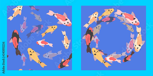 illustration and seamless pattern with a school of multi-colored koi carps on blue background