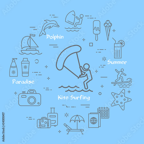 Vector linear kite surfing entertainment and summer icons