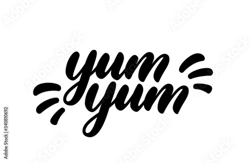 Yum Yum text. Hand drawn lettering in cartoon style. Vector logo design. Calligraphic doodle text design for print.