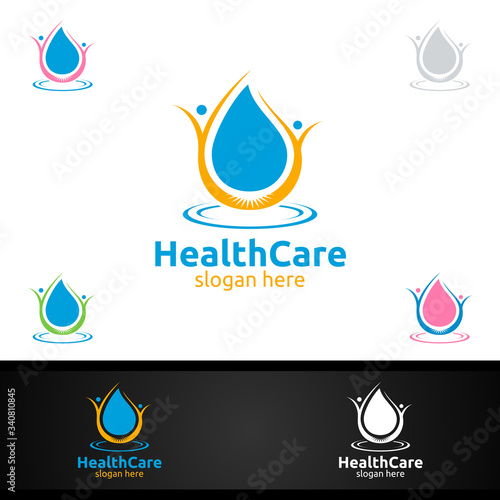 Water Drop Health Care Medical Logo with Human and Leaf Character for Therapy, Wellness, Spa, Education, Nutrition, or Fitness Concept