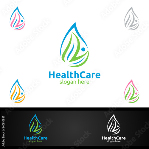 Water Drop Health Care Medical Logo with Human and Leaf Character for Therapy, Wellness, Spa, Education, Nutrition, or Fitness Concept