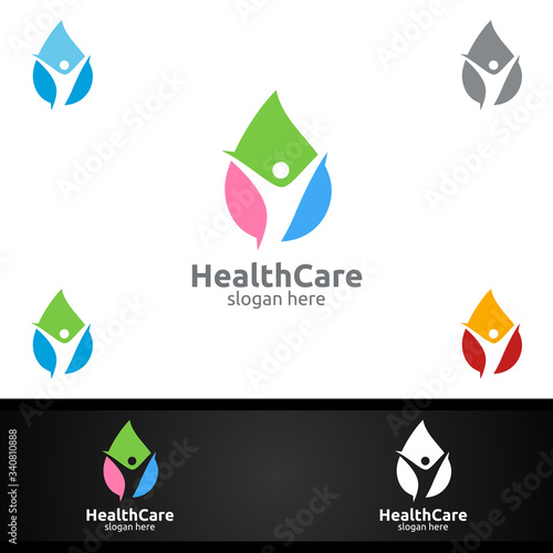 Water Drop Health Care Medical Logo with Human and Leaf Character for Therapy, Wellness, Spa, Education, Nutrition, or Fitness Concept