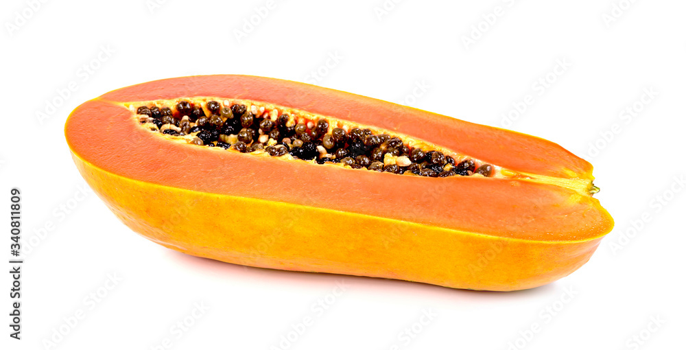 half of ripe papaya fruit with seeds isolated on white background. half of ripe papaya fruit with seeds isolated on white background.