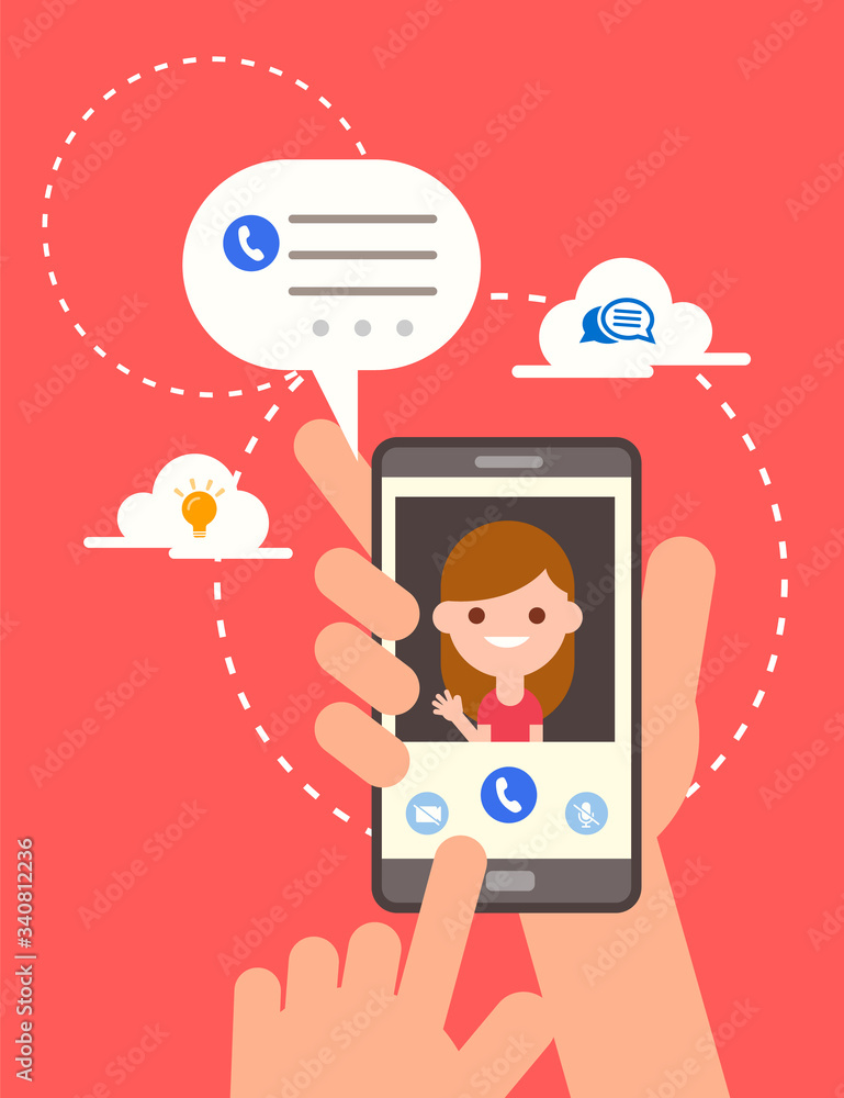 Video call online on smartphone vector illustration, hand holding smartphone with smiling girl on screen. Chatting bubble speech messages on phone concept of on-line chat app, Video call online on smartphone vector illustration, hand holding smartphone with smiling girl on screen. Chatting bubble speech messages on phone concept of on-line chat app,
