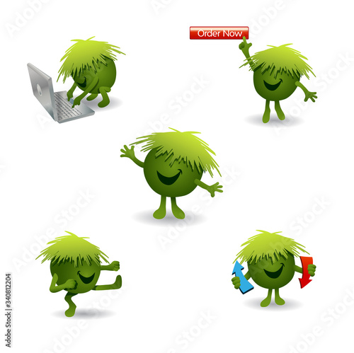 Cute green monster character for games, web pages or business mascot in various poses. Vector illustration.