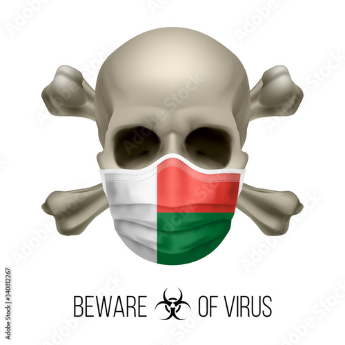 Human Skull with Crossbones and Surgical Mask in the Color of National Flag Madagascar. Mask in Form of the Malagasy Flag and Skull as Concept of Dire Warning that the Viral Disease Can be Fatal