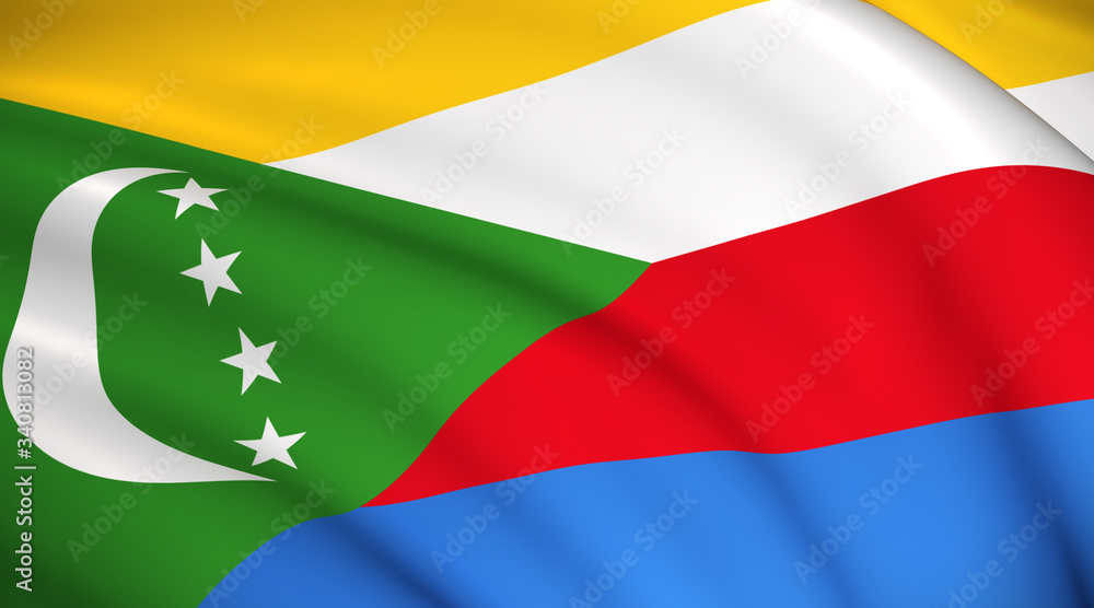 Obraz premium Comoros National Flag (Comorian flag) - waving background illustration. Highly detailed realistic 3D rendering