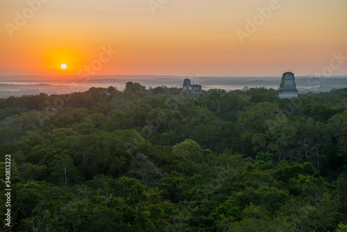 The mayan archaeological site of Tikal at sunrise, Guatemala. 