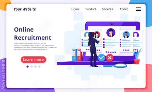 Online recruitment concept, businesswoman search and choose a candidate for the new employee, hiring, recruitment process. Modern flat web page design for website and mobile development. Vector illust