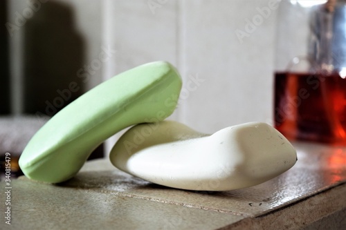 Green and White Dry Soap Bars in a Bathroom
 photo