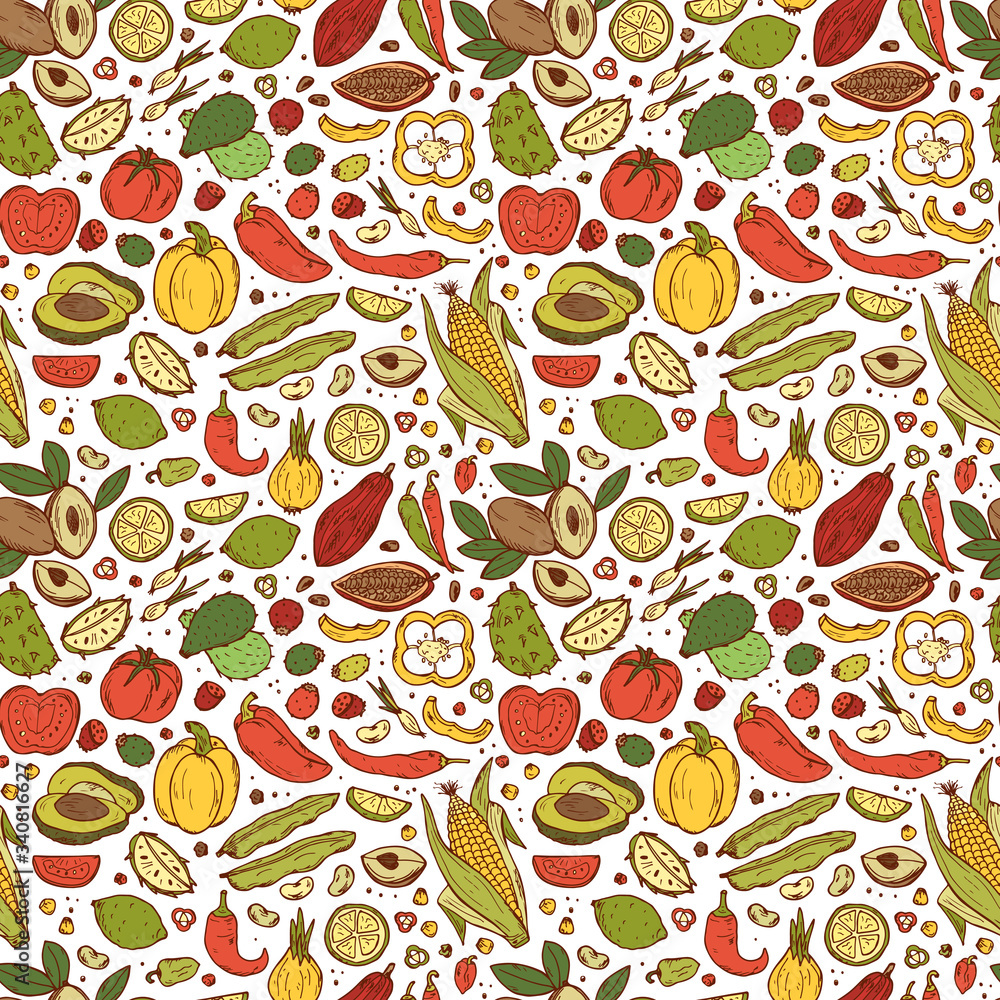 Fototapeta premium Mexican Food Vector Seamless pattern. Hand drawn doodle Fresh Fruits and Vegetables 