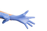Hands of people puts on medical colorful rubber gloves, isolate on white background