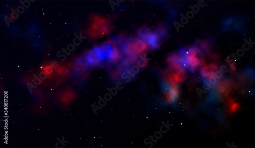 Space background Fantastic outer view with realistic bright stars and cluster of gas clouds. Universe with nebulae, galaxies and star clusters. Infinite cosmic open spaces. Vector illustration