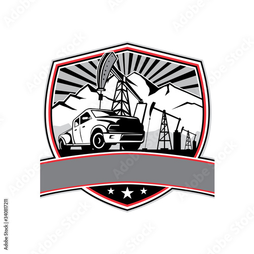 Pick-up Truck and Oil Derrick Shield Badge Retro