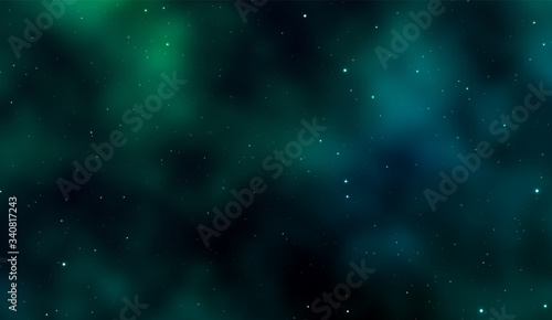 Space background Fantastic outer view with realistic bright stars and cluster of gas clouds. Universe with nebulae, galaxies and star clusters. Infinite cosmic open spaces. Vector illustration