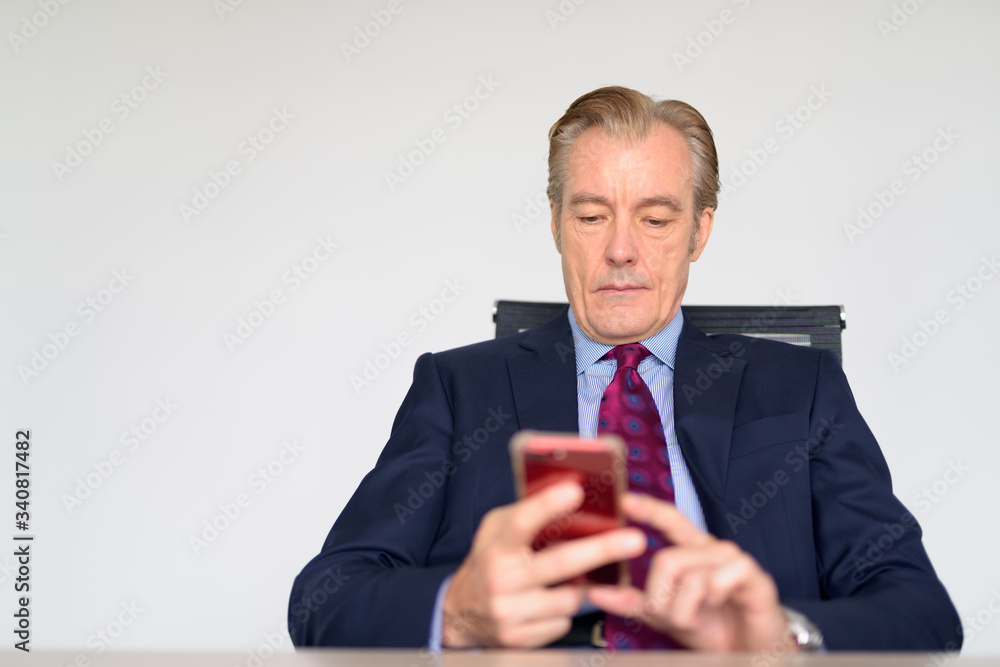 Mature handsome businessman in suit using phone at work Mature handsome businessman in suit using phone at work