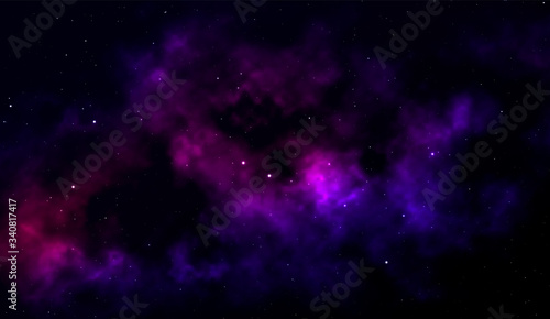 Space background Fantastic outer view with realistic bright stars and cluster of gas clouds. Universe with nebulae, galaxies and star clusters. Infinite cosmic open spaces. Vector illustration