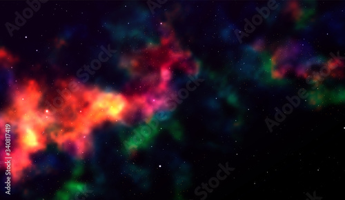 Space background Fantastic outer view with realistic bright stars and cluster of gas clouds. Universe with nebulae, galaxies and star clusters. Infinite cosmic open spaces. Vector illustration